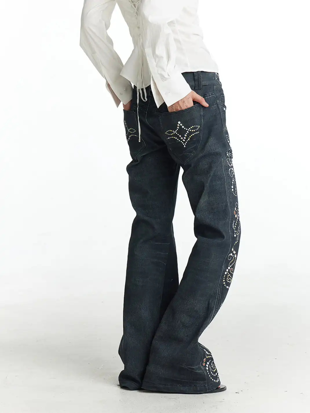 FayChui | Retro Gem Print Flared Denim Look Pants