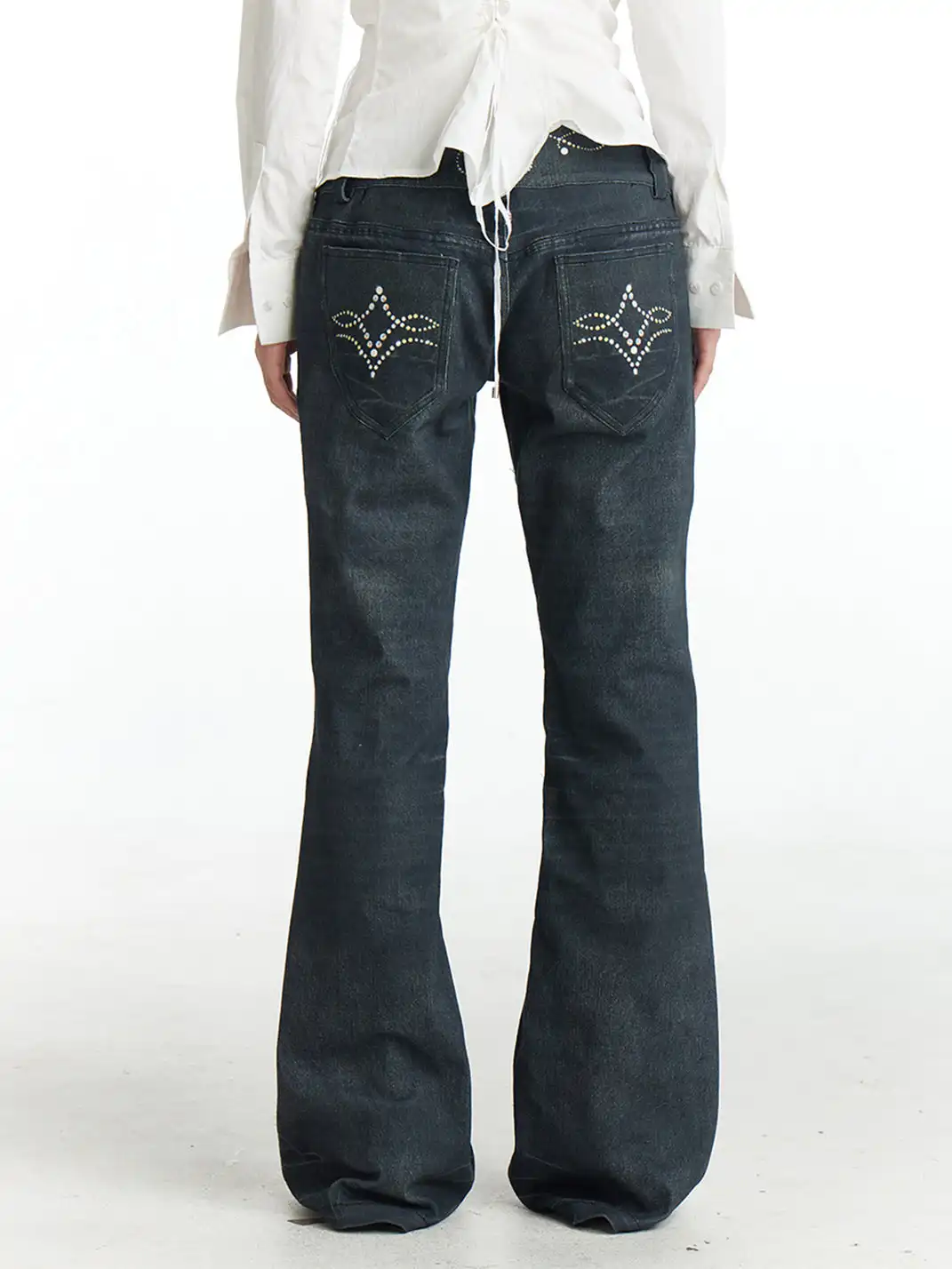 FayChui | Retro Gem Print Flared Denim Look Pants