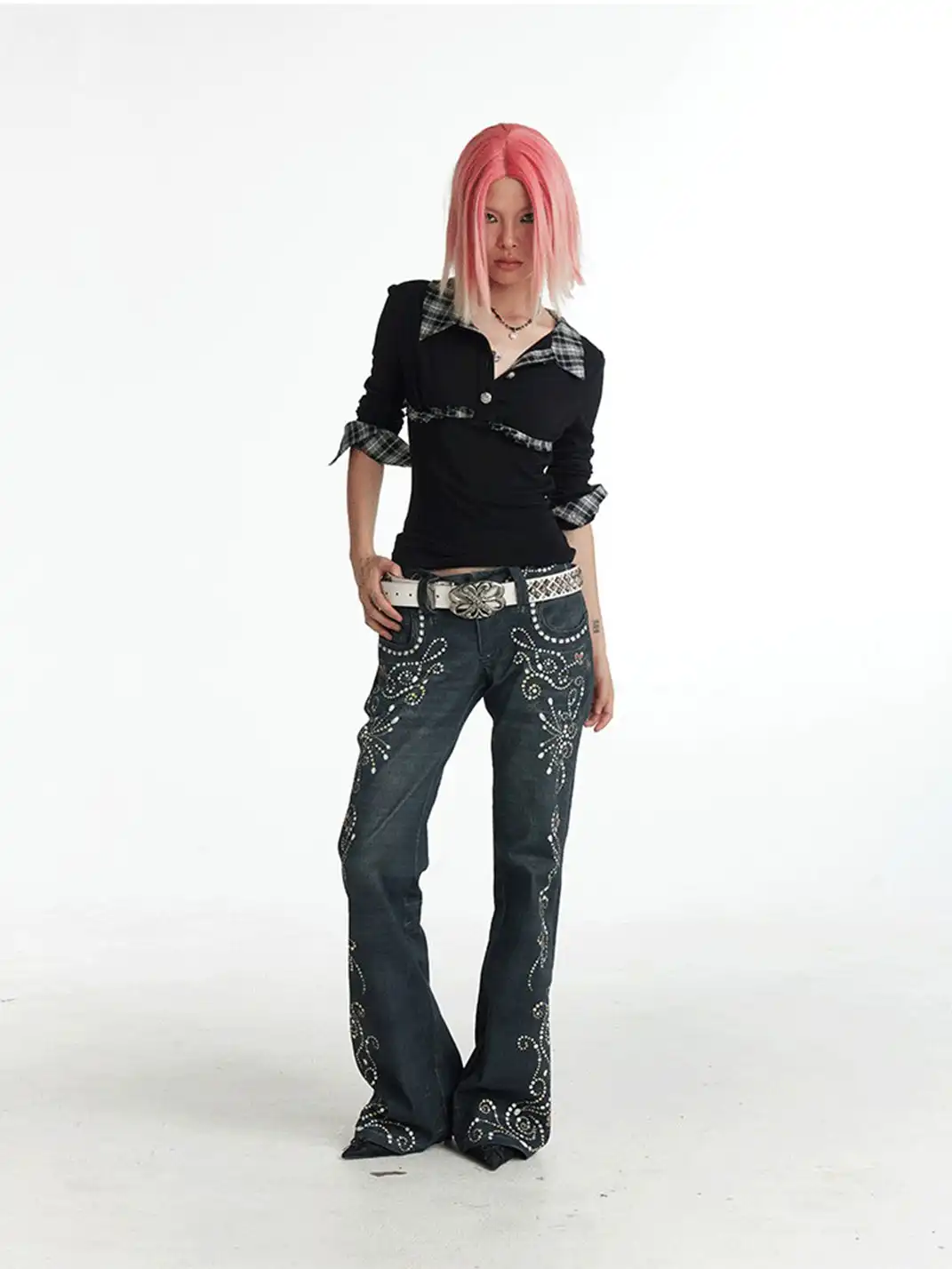 FayChui | Retro Gem Print Flared Denim Look Pants