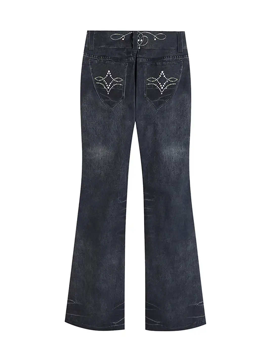 FayChui | Retro Gem Print Flared Denim Look Pants