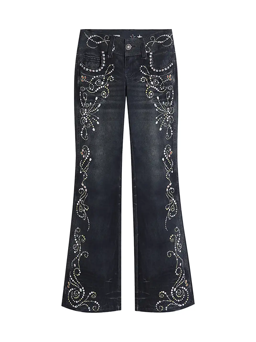 FayChui | Retro Gem Print Flared Denim Look Pants
