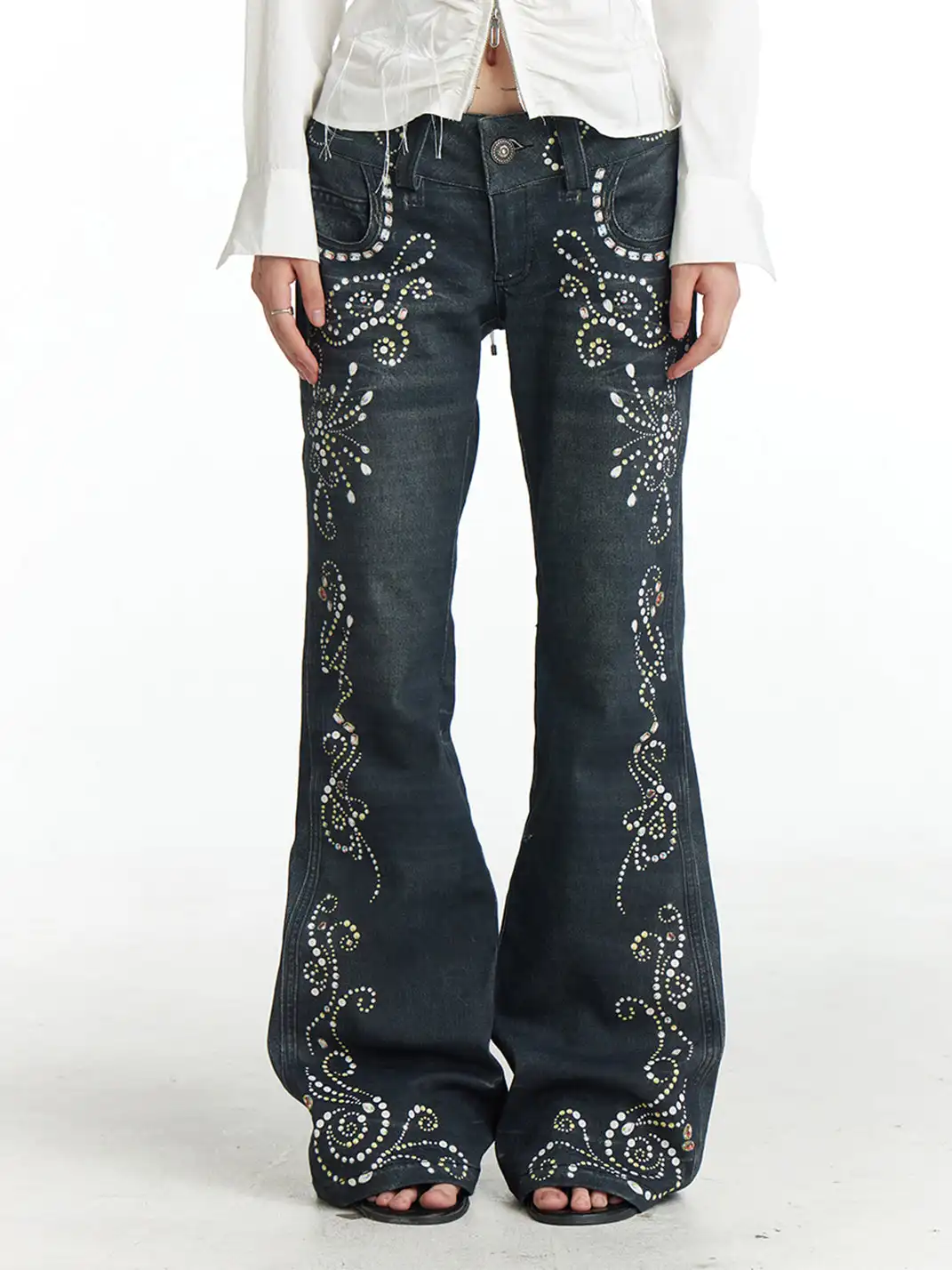 FayChui | Retro Gem Print Flared Denim Look Pants