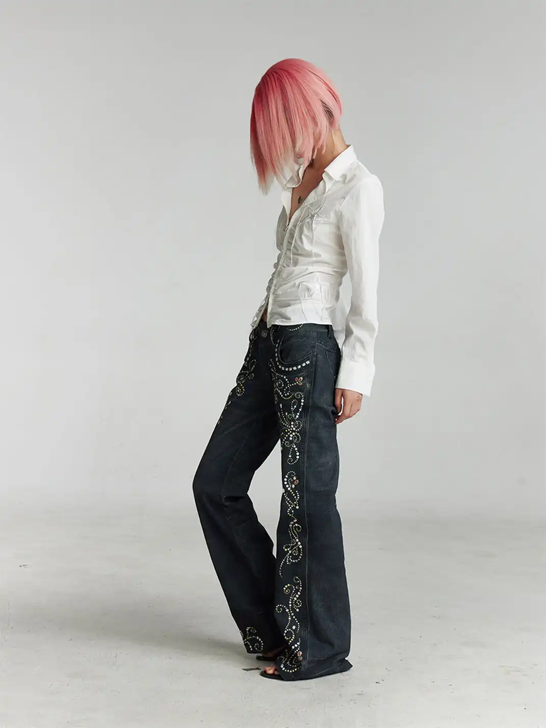 FayChui | Retro Gem Print Flared Denim Look Pants