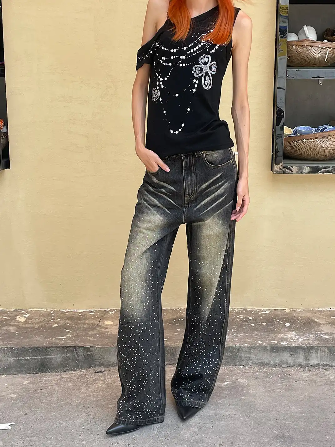 FayChui | Washed Tie-Dye Rhinestone Wide-Leg Jeans