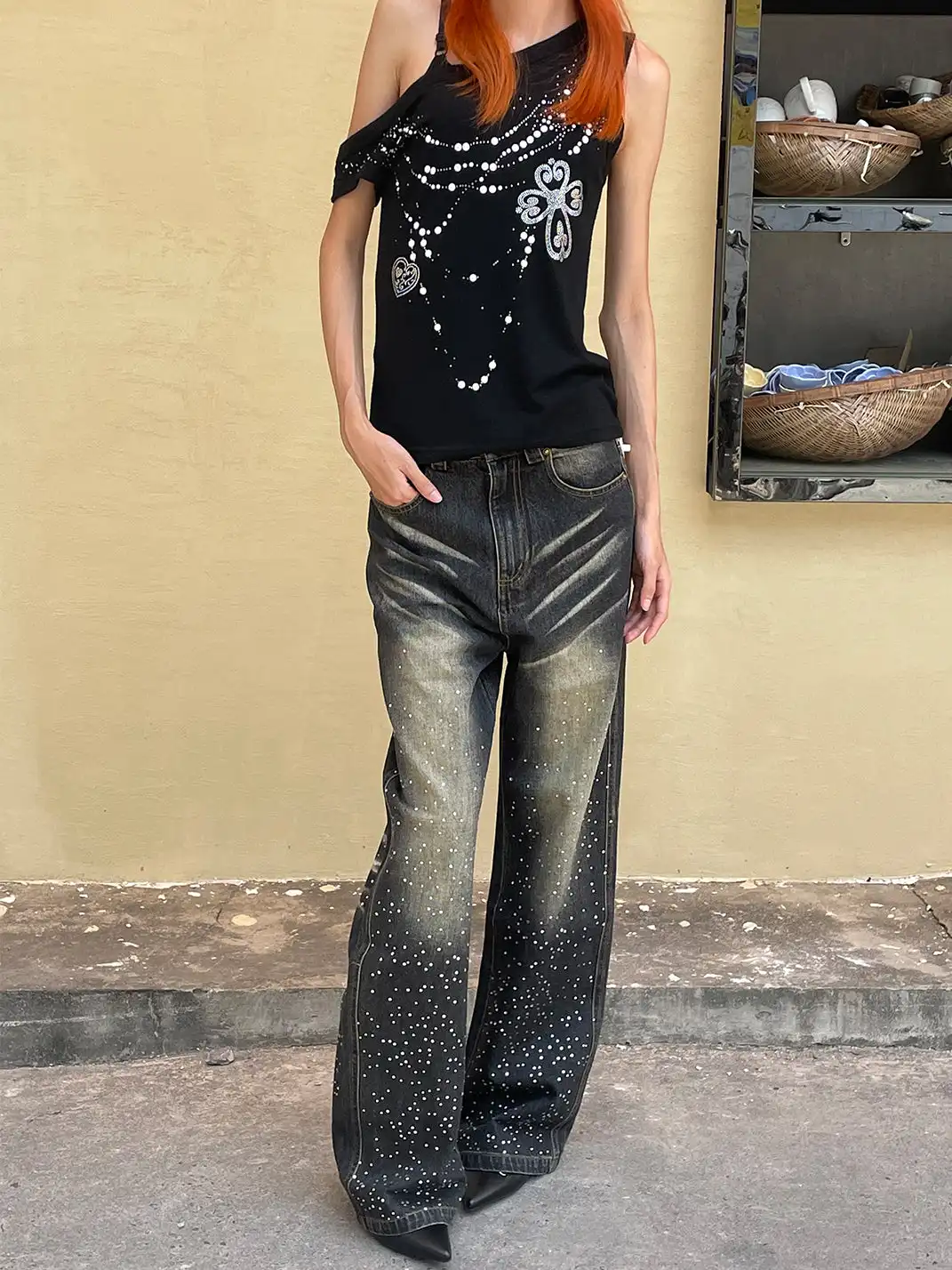FayChui | Washed Tie-Dye Rhinestone Wide-Leg Jeans