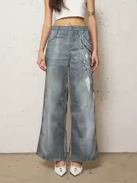 FayChui | Pearl Chain Print Washed Straight Jeans