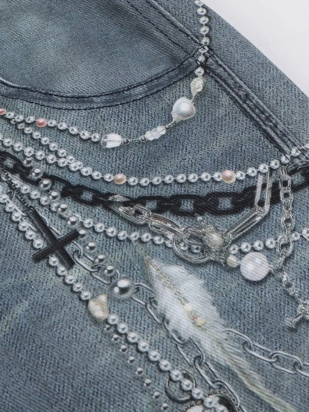 FayChui | Pearl Chain Print Washed Straight Jeans