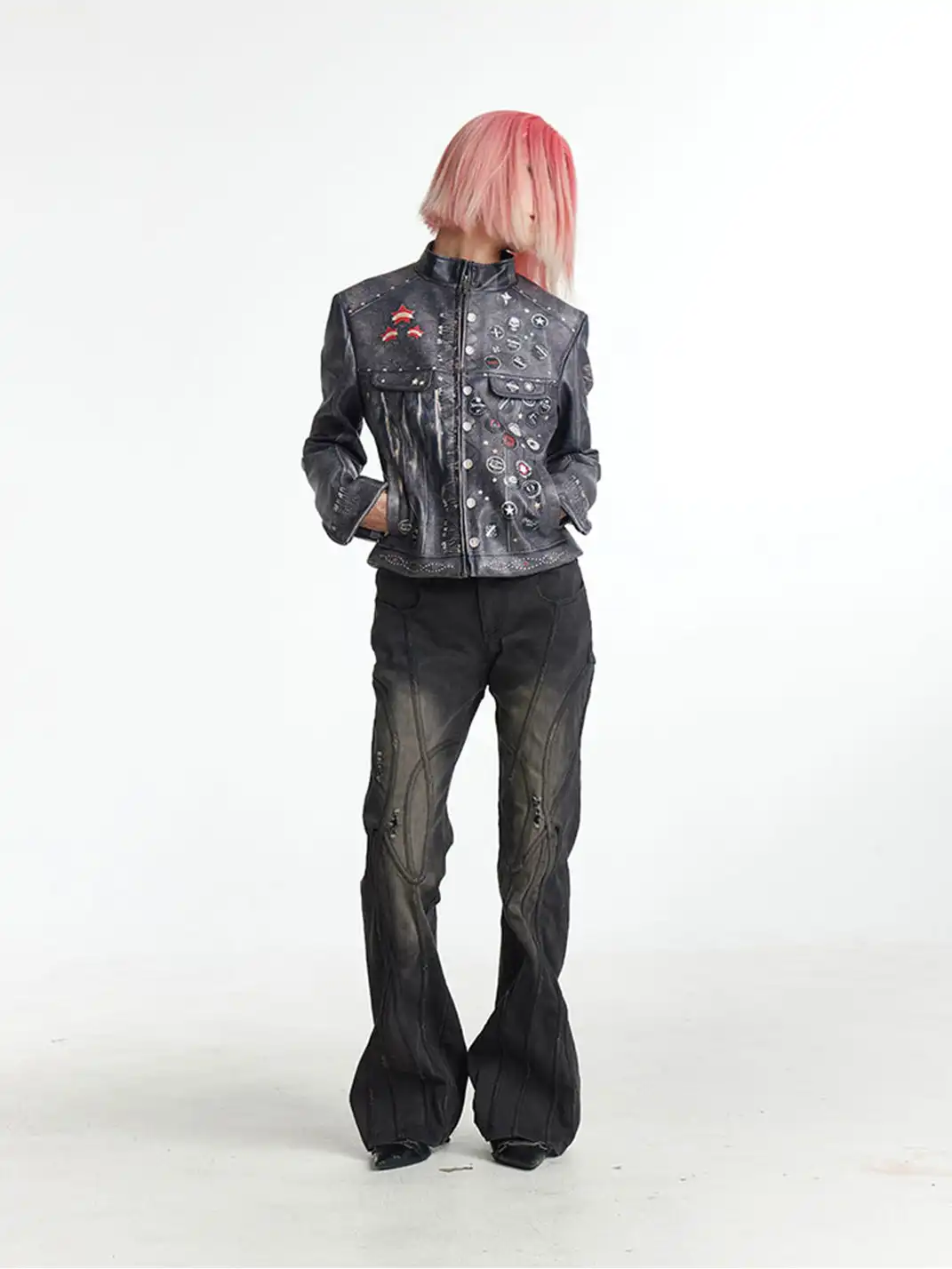 FayChui | Washed Moto Jacket Punk Printed Outerwear