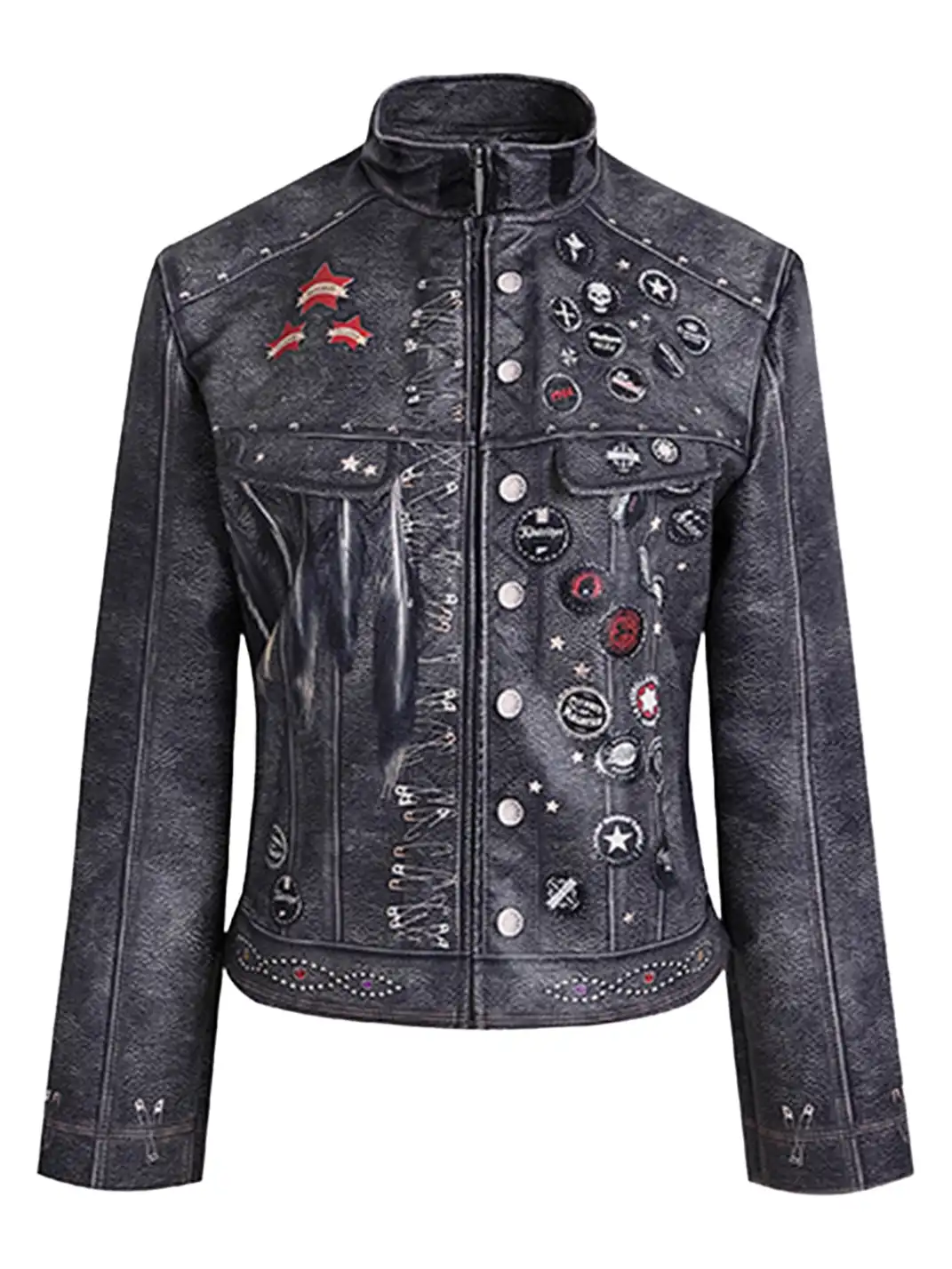 FayChui | Washed Moto Jacket Punk Printed Outerwear