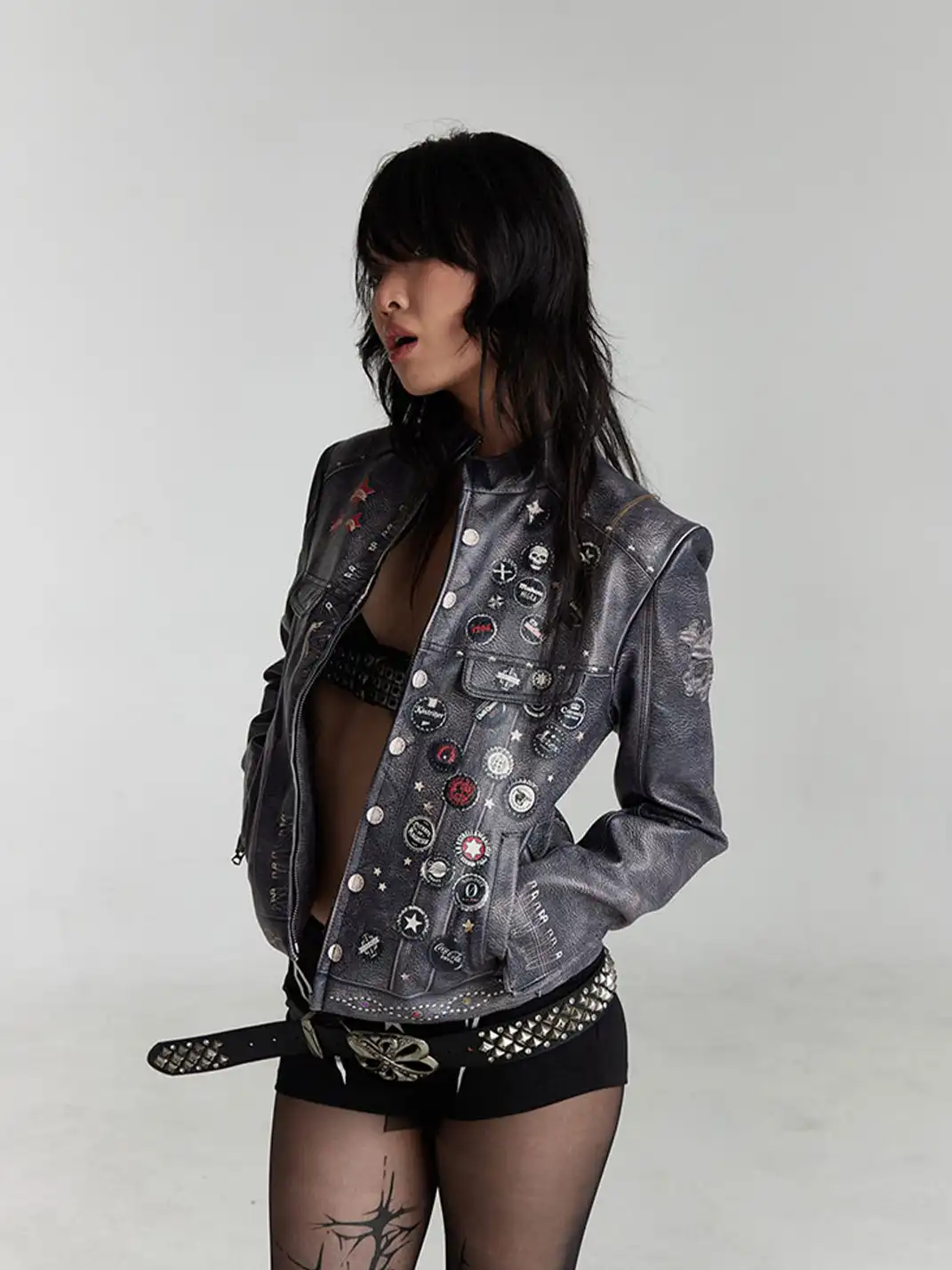FayChui | Washed Moto Jacket Punk Printed Outerwear