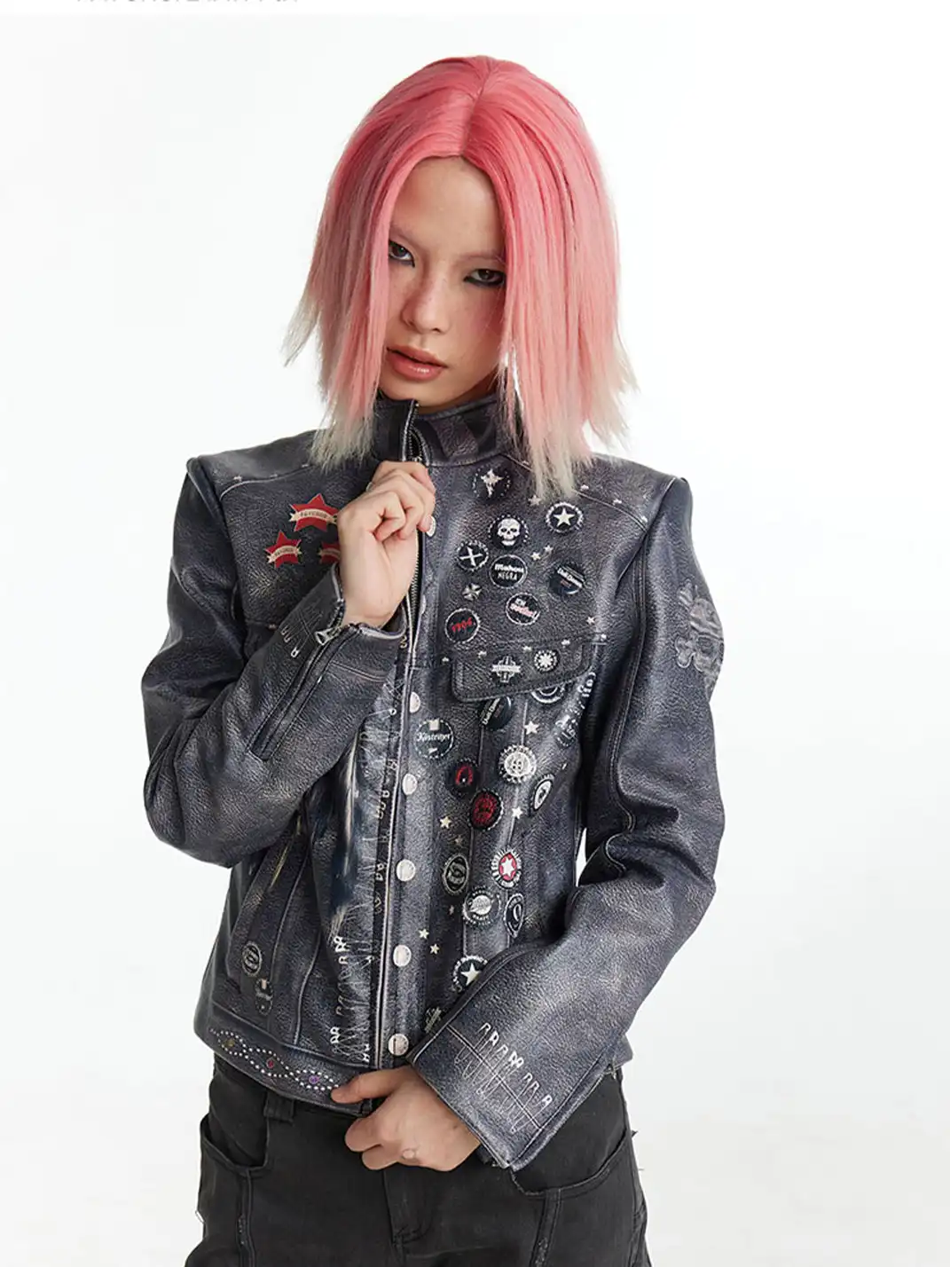 FayChui | Washed Moto Jacket Punk Printed Outerwear