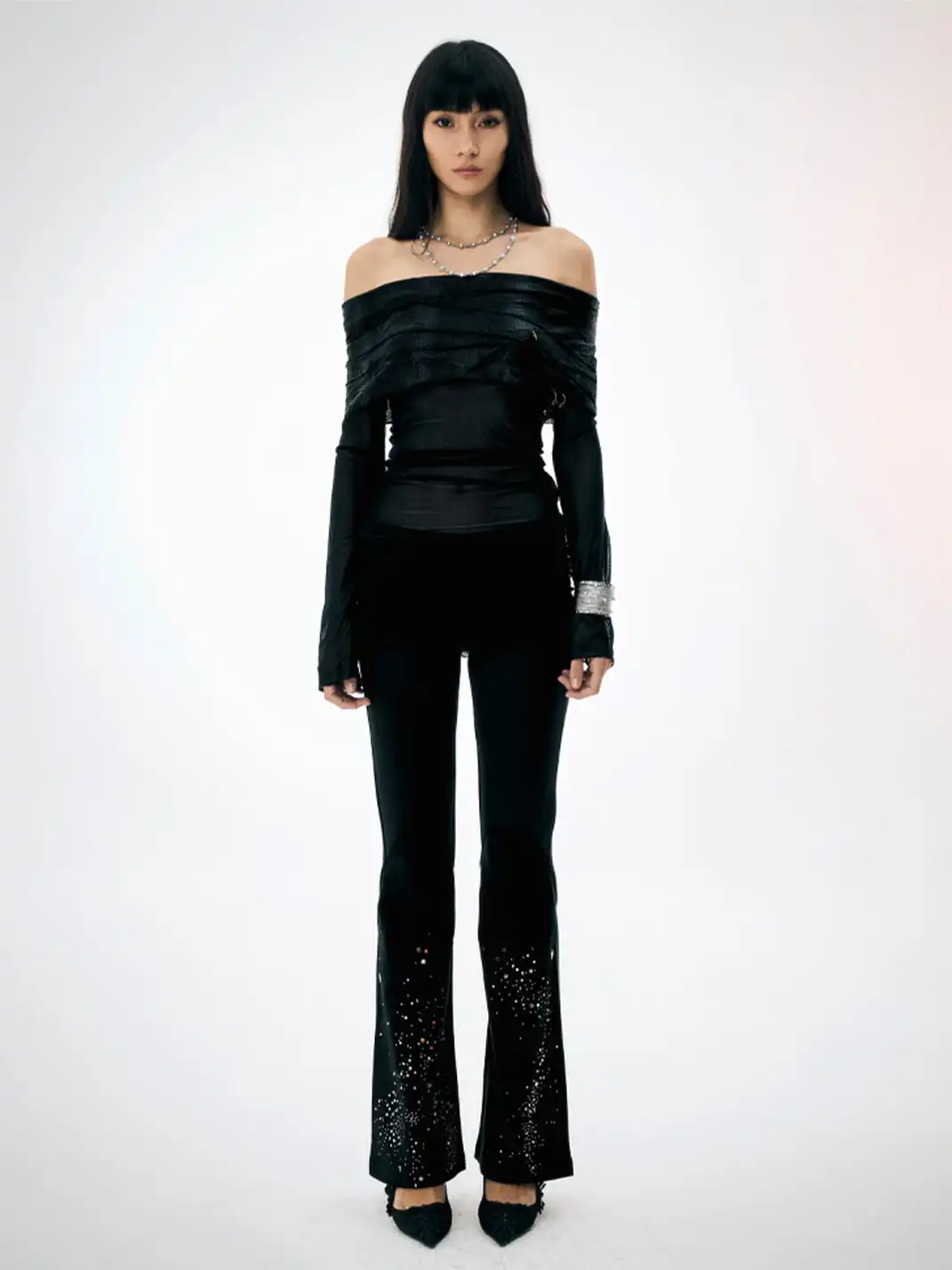 FayChui | Lace Rhinestone Flared Visual Kei Pants