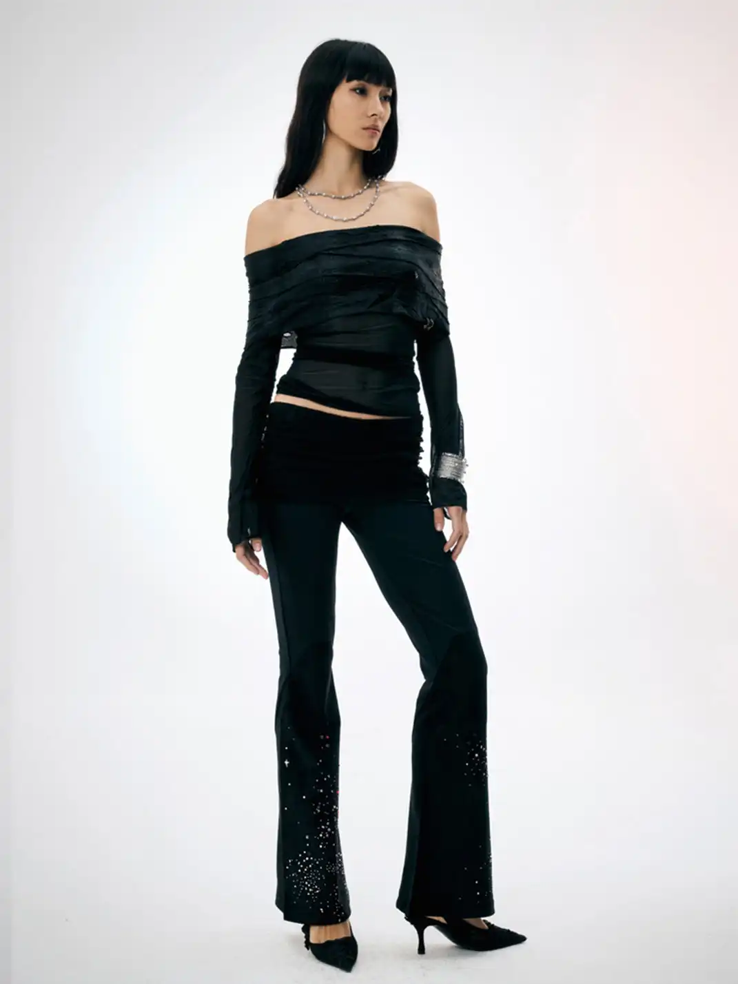 FayChui | Lace Rhinestone Flared Visual Kei Pants
