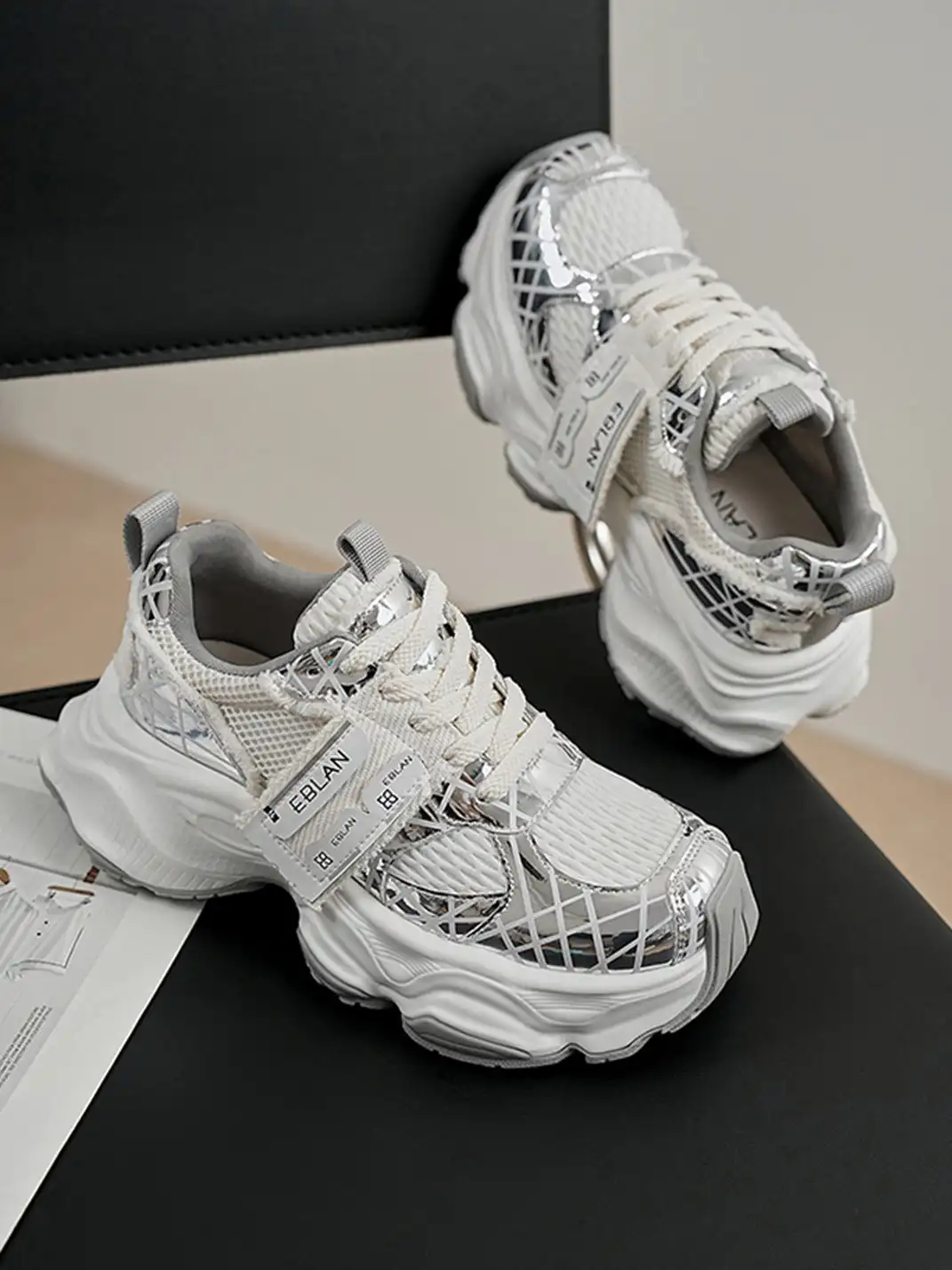 EBLAN | Silver Chunky Mesh Joggers Street Style