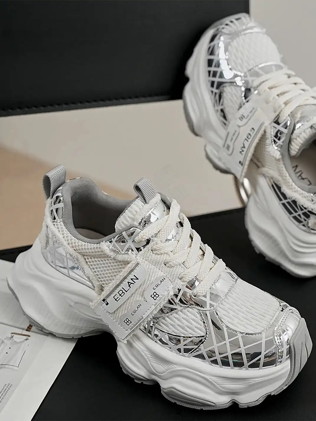 EBLAN | Silver Chunky Mesh Joggers Street Style