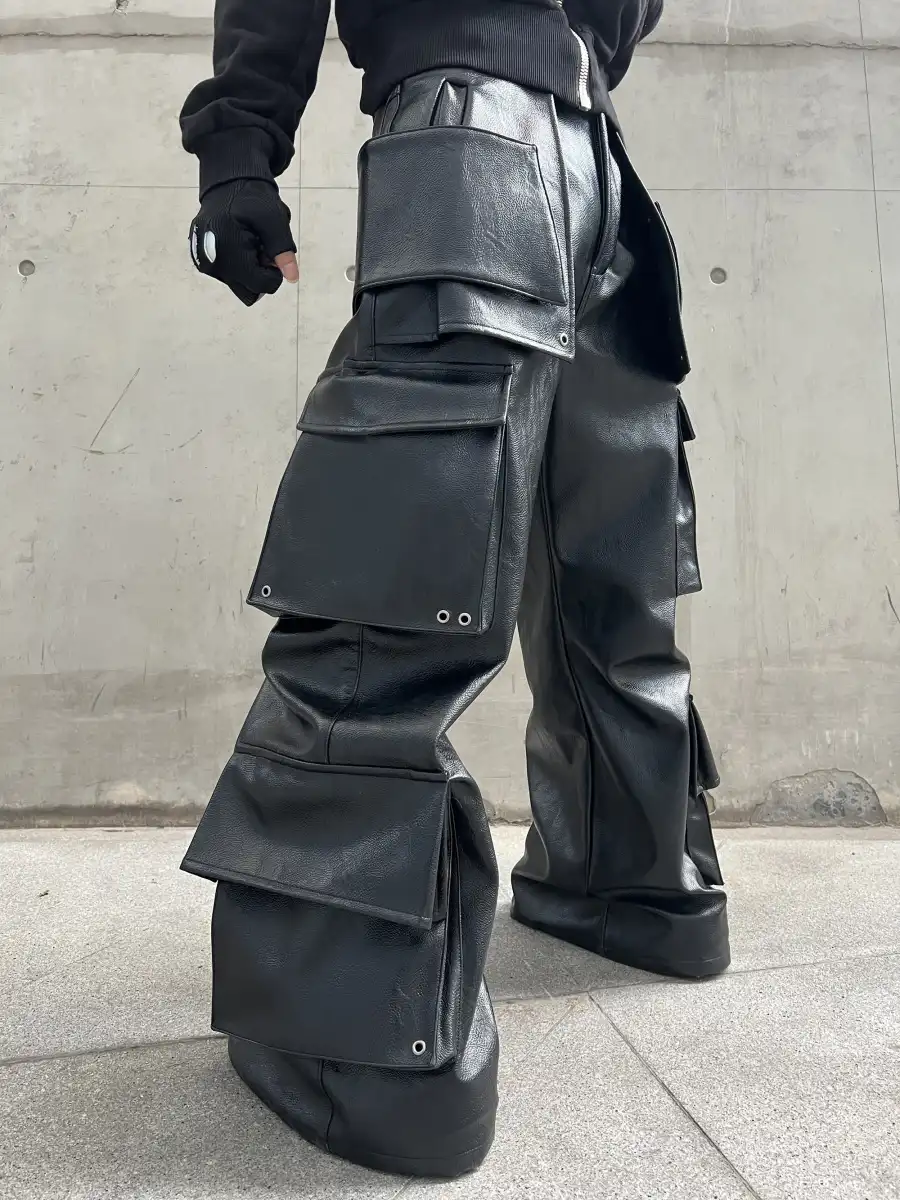 REBEL WAVE丨Structured Multi-Pocket Leather Cargos - 3