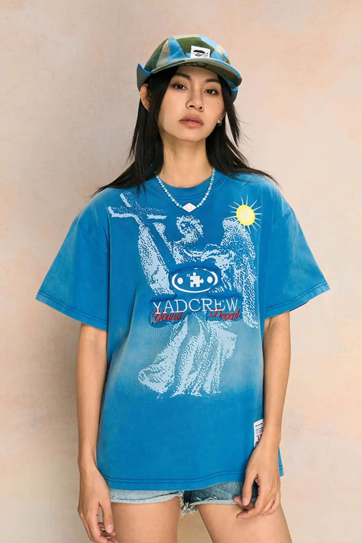 YADcrew | Washed Blue Angel Cross Short-Sleeved T-shirt