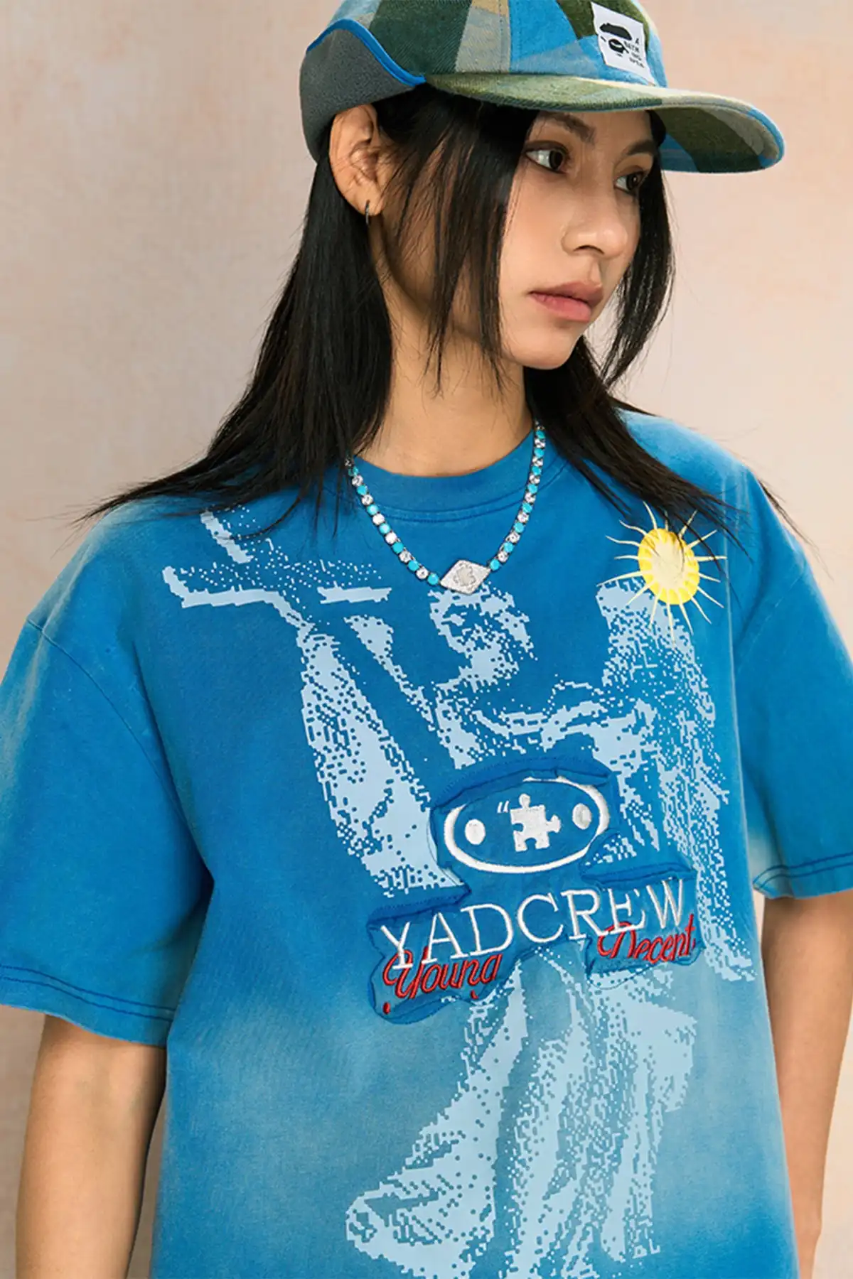 YADcrew | Washed Blue Angel Cross Short-Sleeved T-shirt