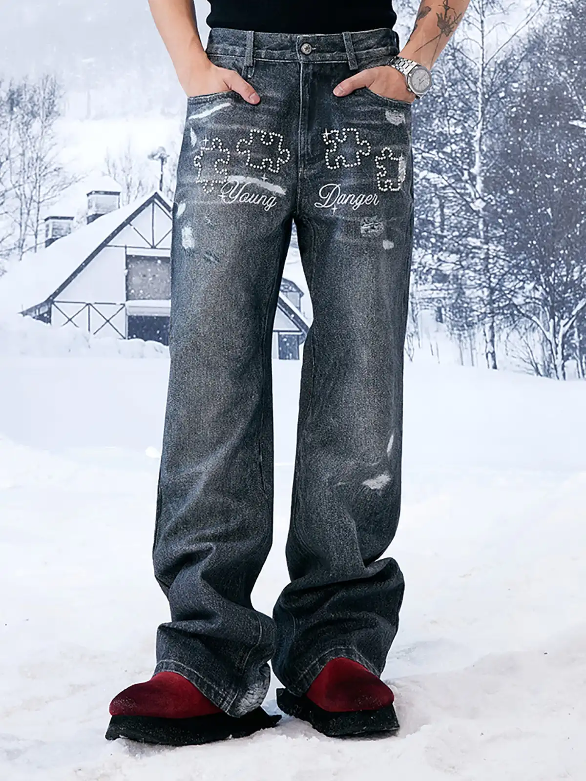 YADcrew | Pearl Embroidered Puzzle Jeans