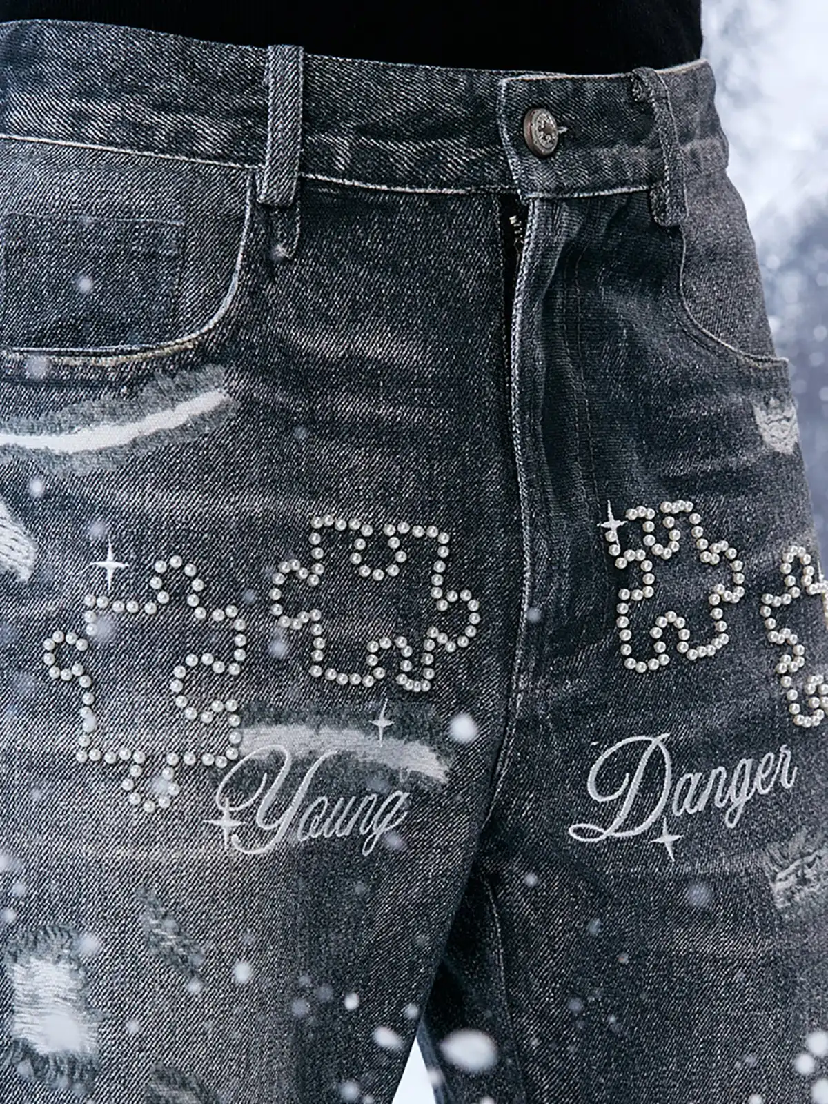 YADcrew | Pearl Embroidered Puzzle Jeans