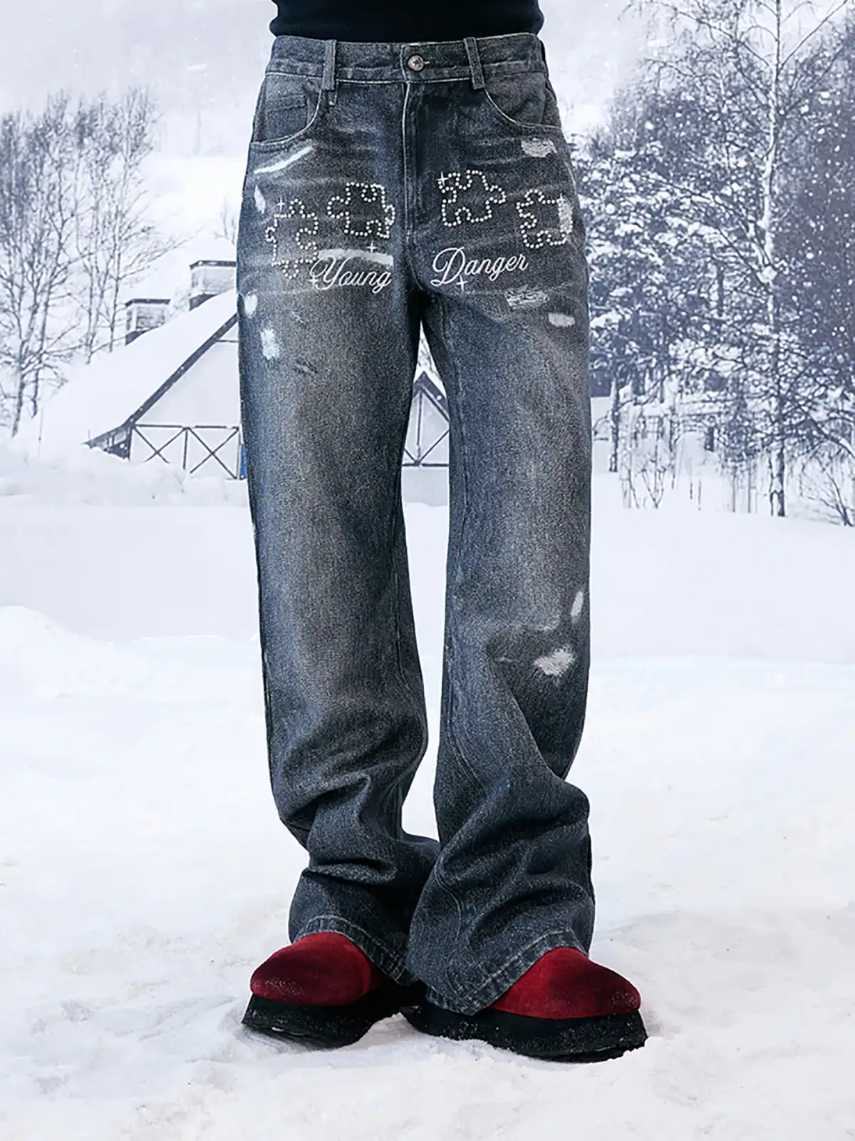 YADcrew | Pearl Embroidered Puzzle Jeans
