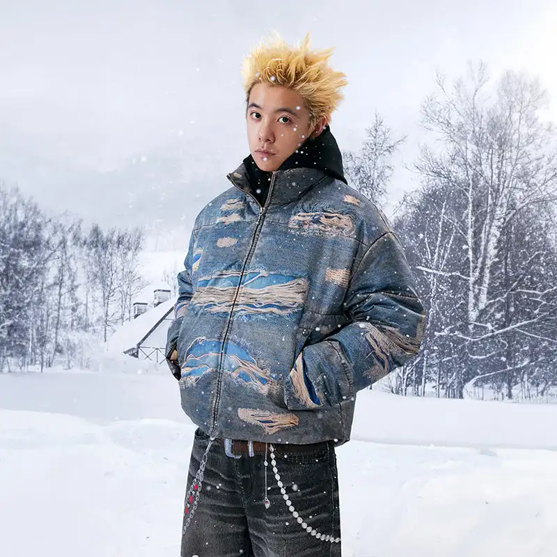 YADcrew丨âRagged Oilâ Ragged Printed Denim White Duck Down Jacket