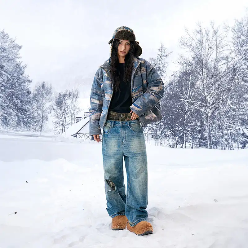 YADcrew丨âRagged Oilâ Ragged Printed Denim White Duck Down Jacket