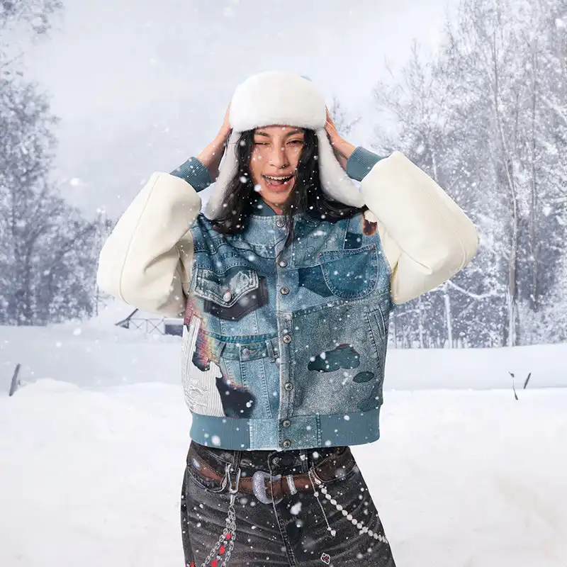 YADcrew丨American Street Style Denim Printed Sandwich Cotton Baseball Jacket