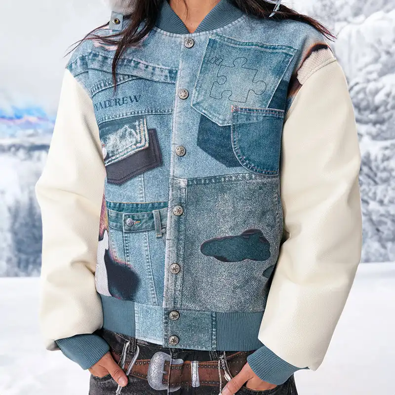 YADcrew丨American Street Style Denim Printed Sandwich Cotton Baseball Jacket
