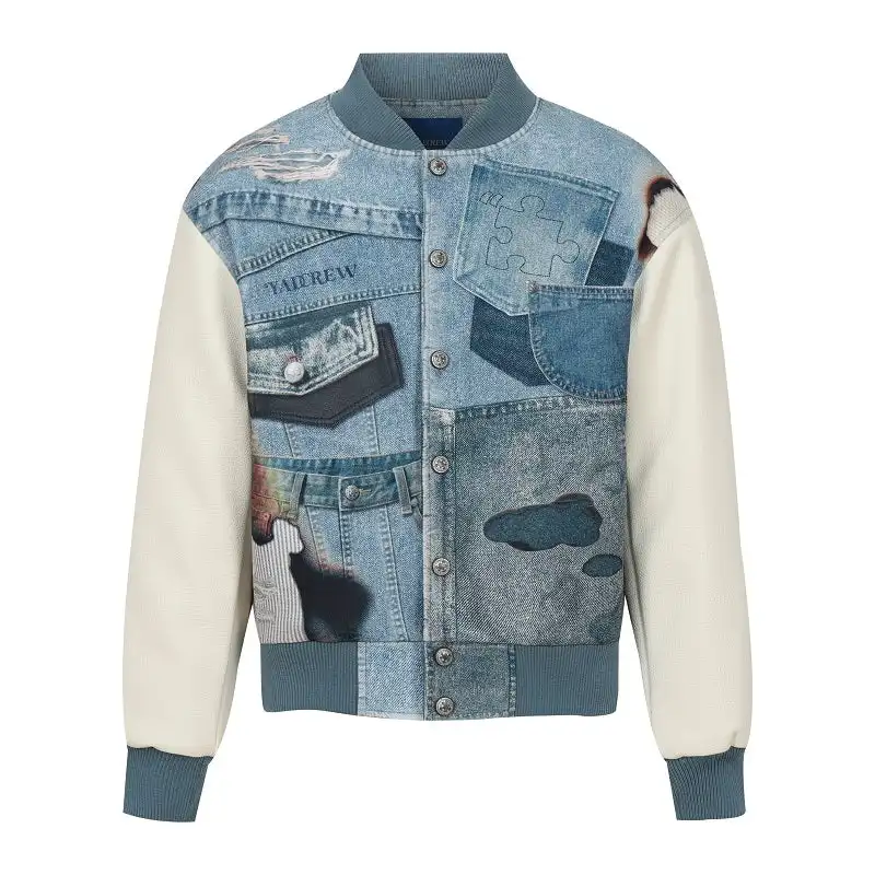 YADcrew丨American Street Style Denim Printed Sandwich Cotton Baseball Jacket