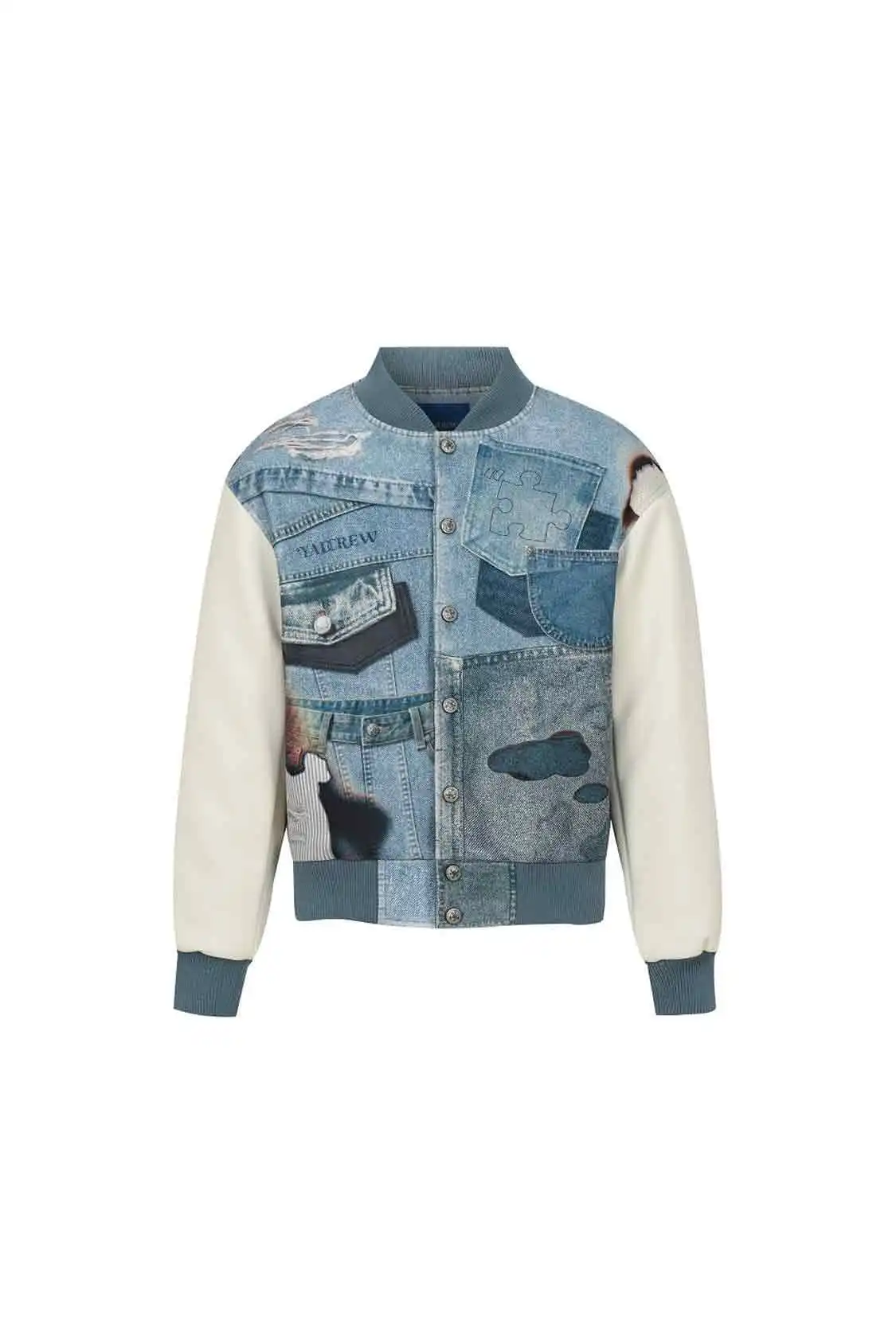 YADcrew丨American Street Style Denim Printed Sandwich Cotton Baseball Jacket