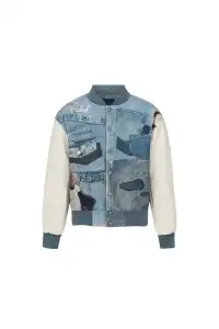 YADcrew丨American Street Style Denim Printed Sandwich Cotton Baseball Jacket