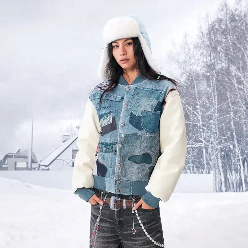 YADcrew丨American Street Style Denim Printed Sandwich Cotton Baseball Jacket