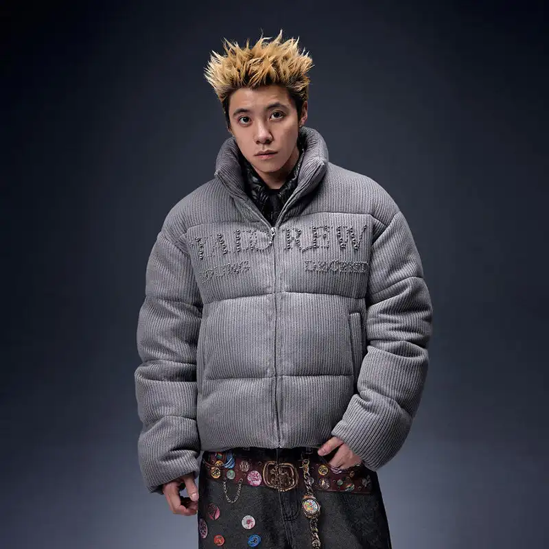 YADcrew丨Electroplated Pearl Slogan Woolen Stand-Up Collar Thickened Cotton Jacket