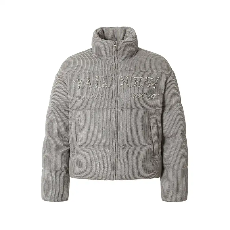 YADcrew丨Electroplated Pearl Slogan Woolen Stand-Up Collar Thickened Cotton Jacket
