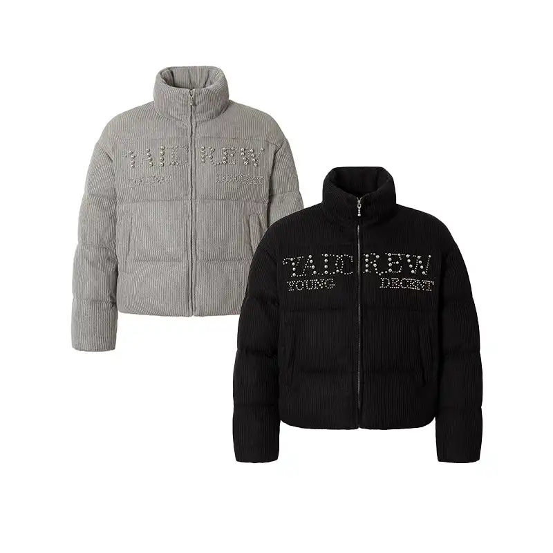 YADcrew丨Electroplated Pearl Slogan Woolen Stand-Up Collar Thickened Cotton Jacket