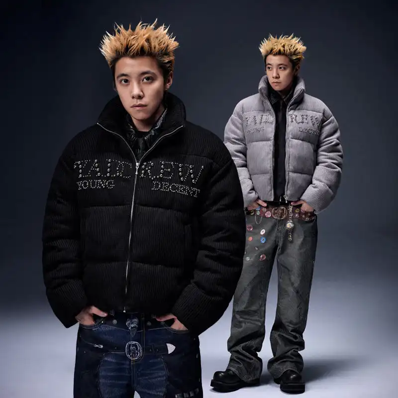 YADcrew丨Electroplated Pearl Slogan Woolen Stand-Up Collar Thickened Cotton Jacket