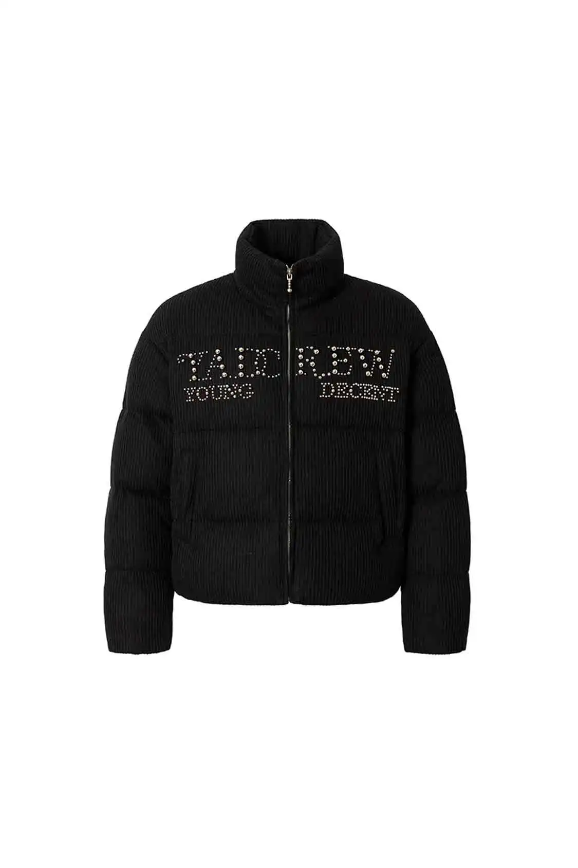 YADcrew丨Electroplated Pearl Slogan Woolen Stand-Up Collar Thickened Cotton Jacket