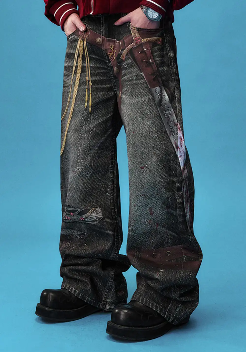 YADcrew丨Bloodbath Knight Sword Printed Jeans