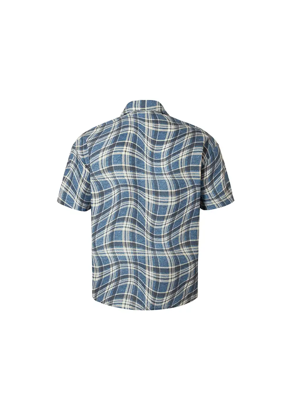 YADcrew丨Denim Textured Distressed Plaid Short Sleeve Shirt
