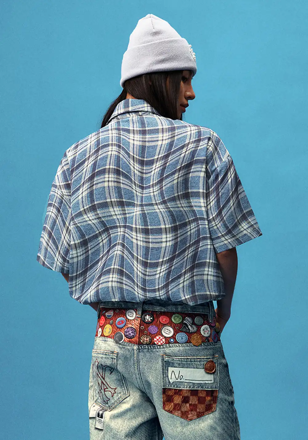 YADcrew丨Denim Textured Distressed Plaid Short Sleeve Shirt