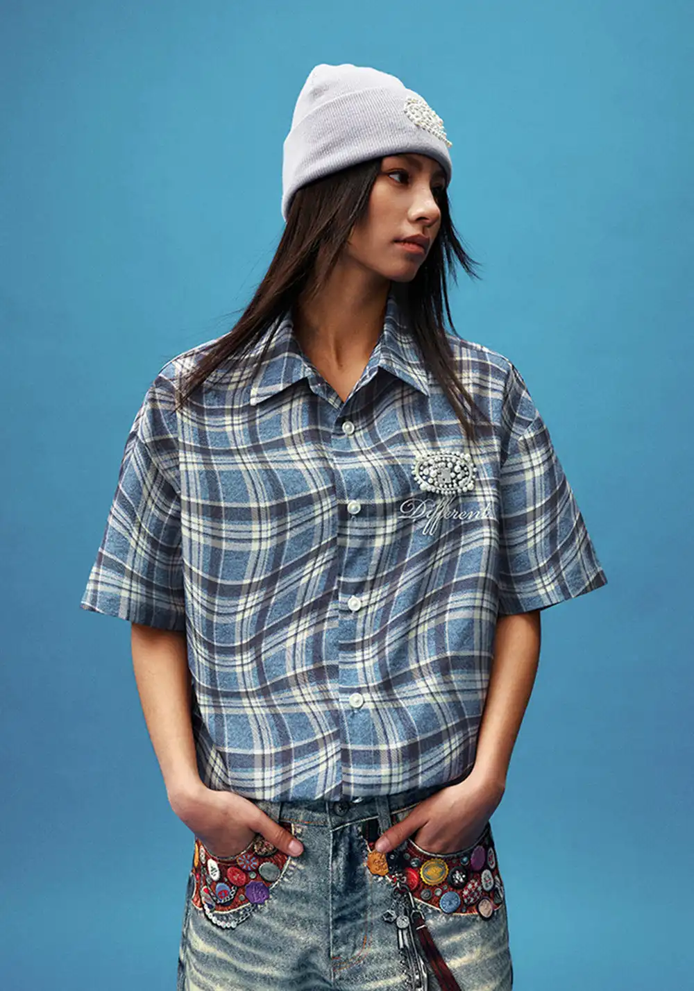 YADcrew丨Denim Textured Distressed Plaid Short Sleeve Shirt