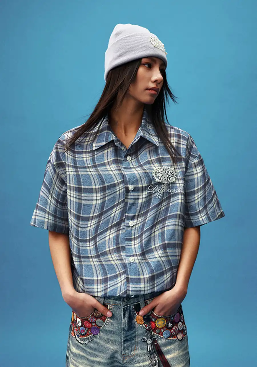 YADcrew丨Denim Textured Distressed Plaid Short Sleeve Shirt - 2