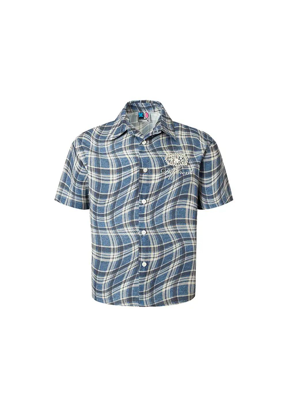 YADcrew丨Denim Textured Distressed Plaid Short Sleeve Shirt
