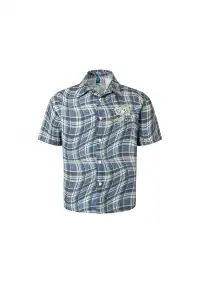 YADcrew丨Denim Textured Distressed Plaid Short Sleeve Shirt