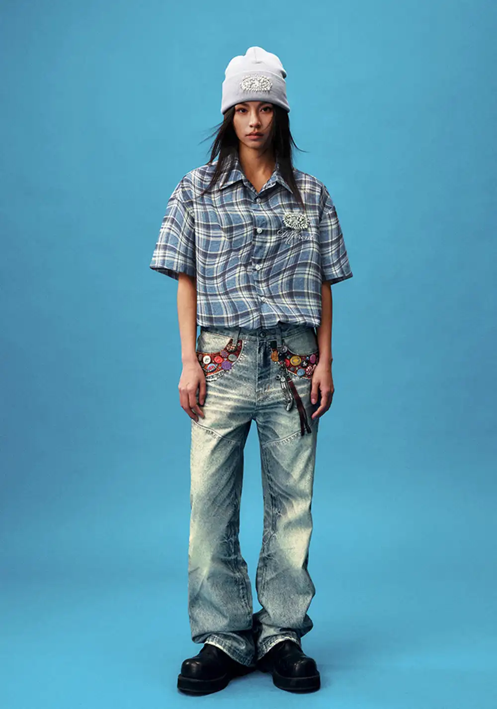 YADcrew丨Denim Textured Distressed Plaid Short Sleeve Shirt
