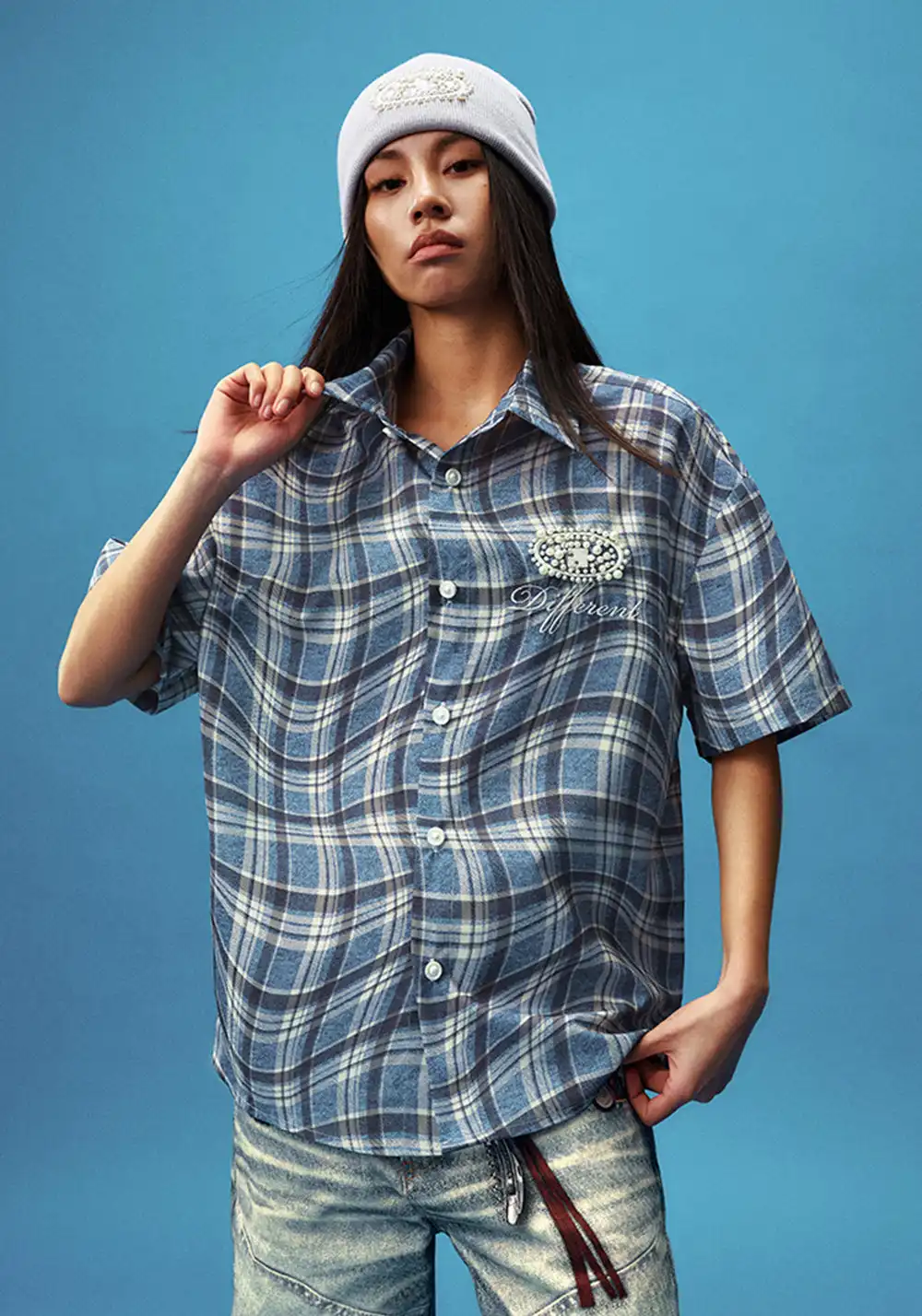 YADcrew丨Denim Textured Distressed Plaid Short Sleeve Shirt