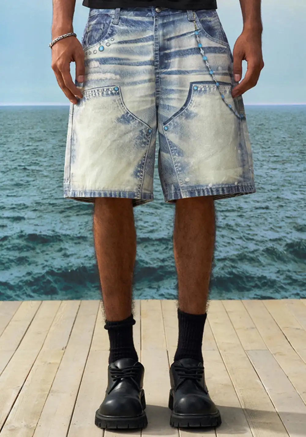YADcrew丨YADcrew Turquoise Print Denim Shorts