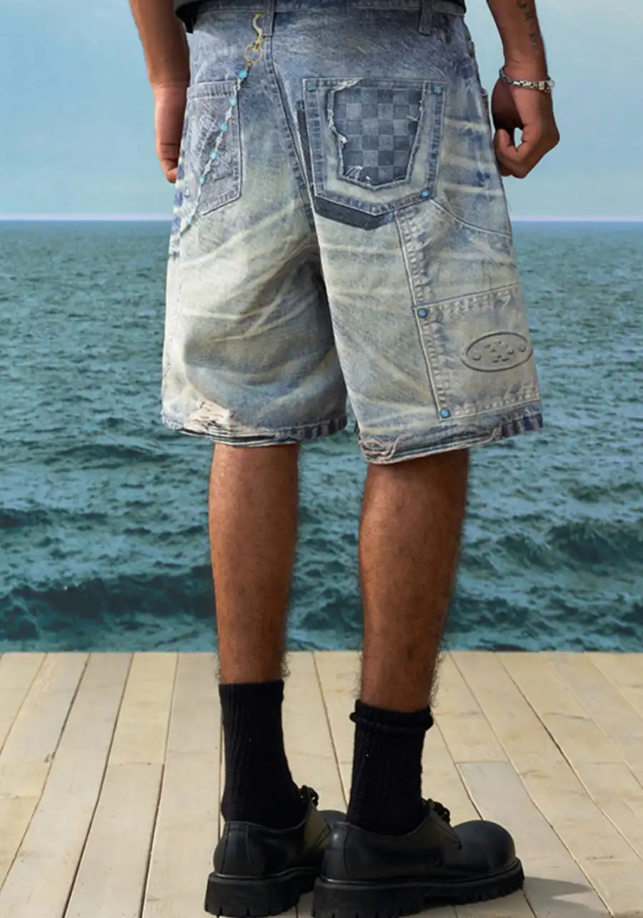 YADcrew丨YADcrew Turquoise Print Denim Shorts - 4