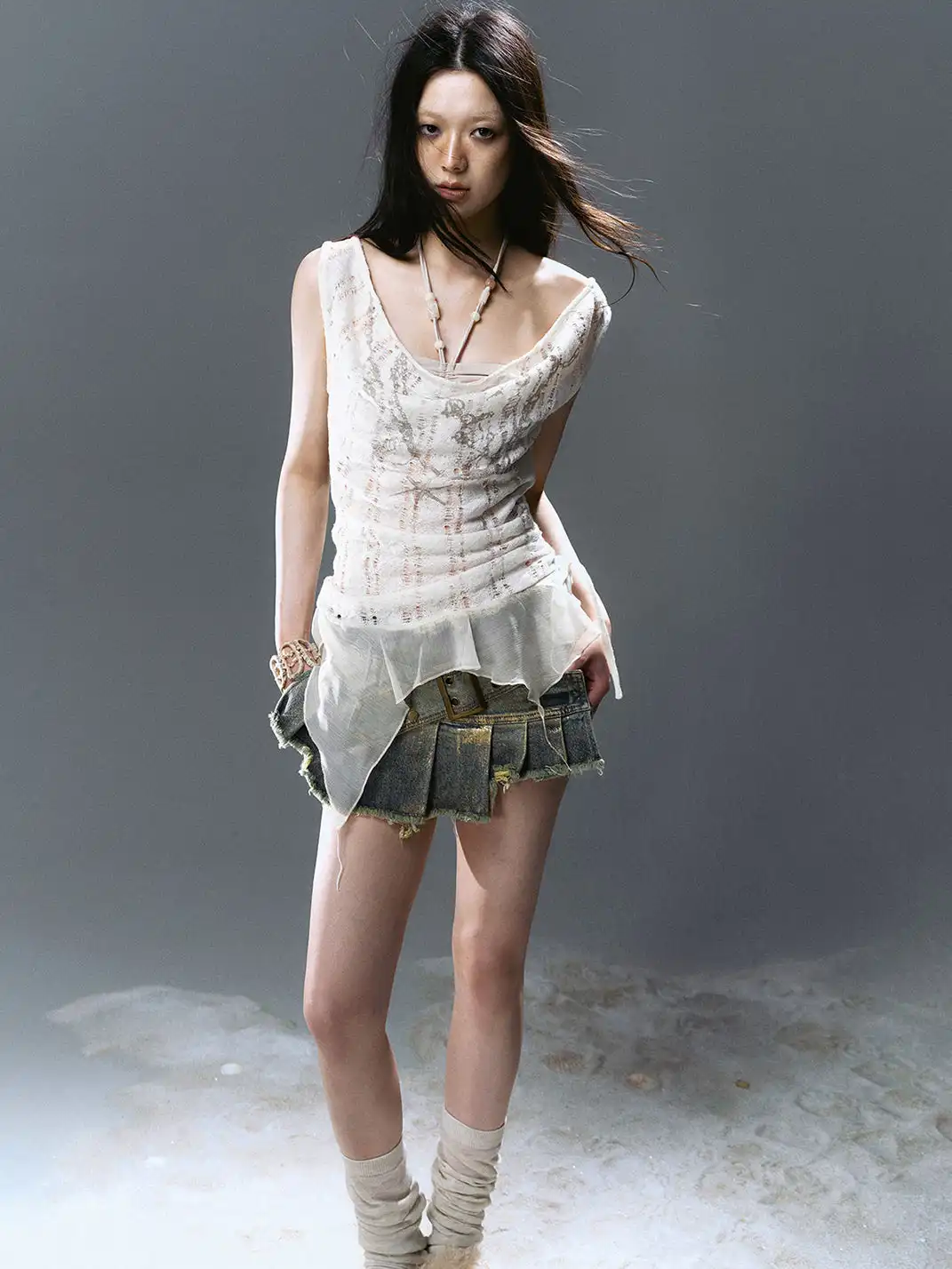 CestNous|Women's Patchwork Pleated Denim Skort